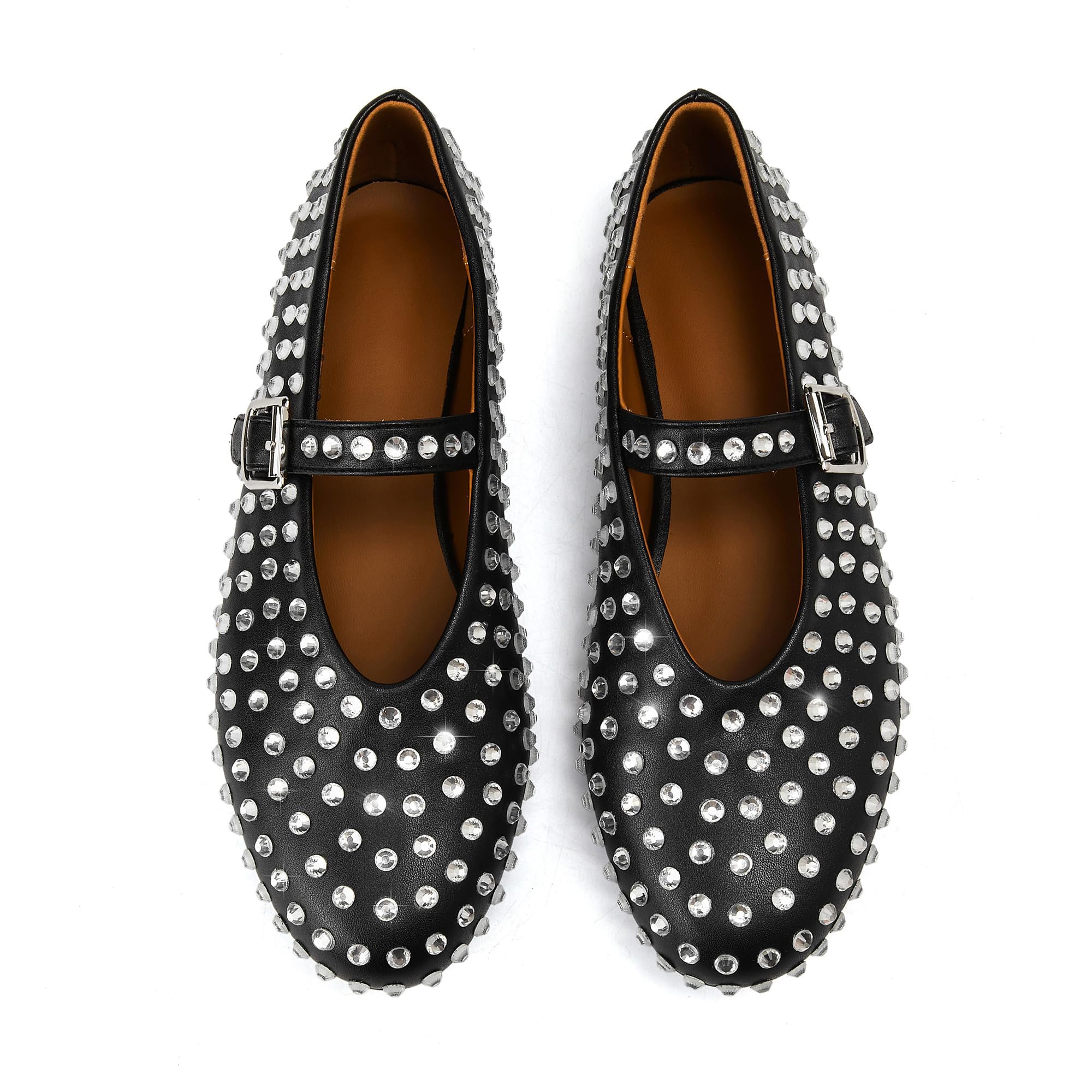 Crystal Rhinestone Flats for Women Buckle Strap Mary Jane Flats Glitter Studded Ballet Flats Comfortable Round Toe Casual Ballerina Dress Shoes