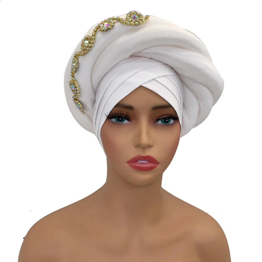 Twisted Braid Turban Cap for Women African Lady Head Wraps Diamonds Nigeria Raw Silk Autogele Headtie Muslim Hat Party Headwear 250530