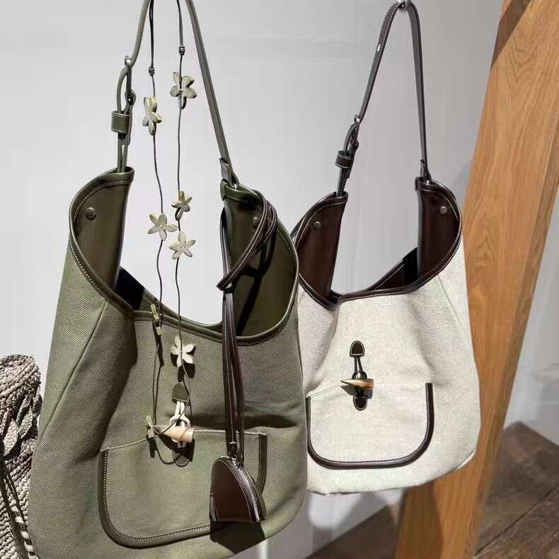New Trendy Fashion Versatile Canvas Color Block Design Commuter Single Shoulder Tote Casual Bag