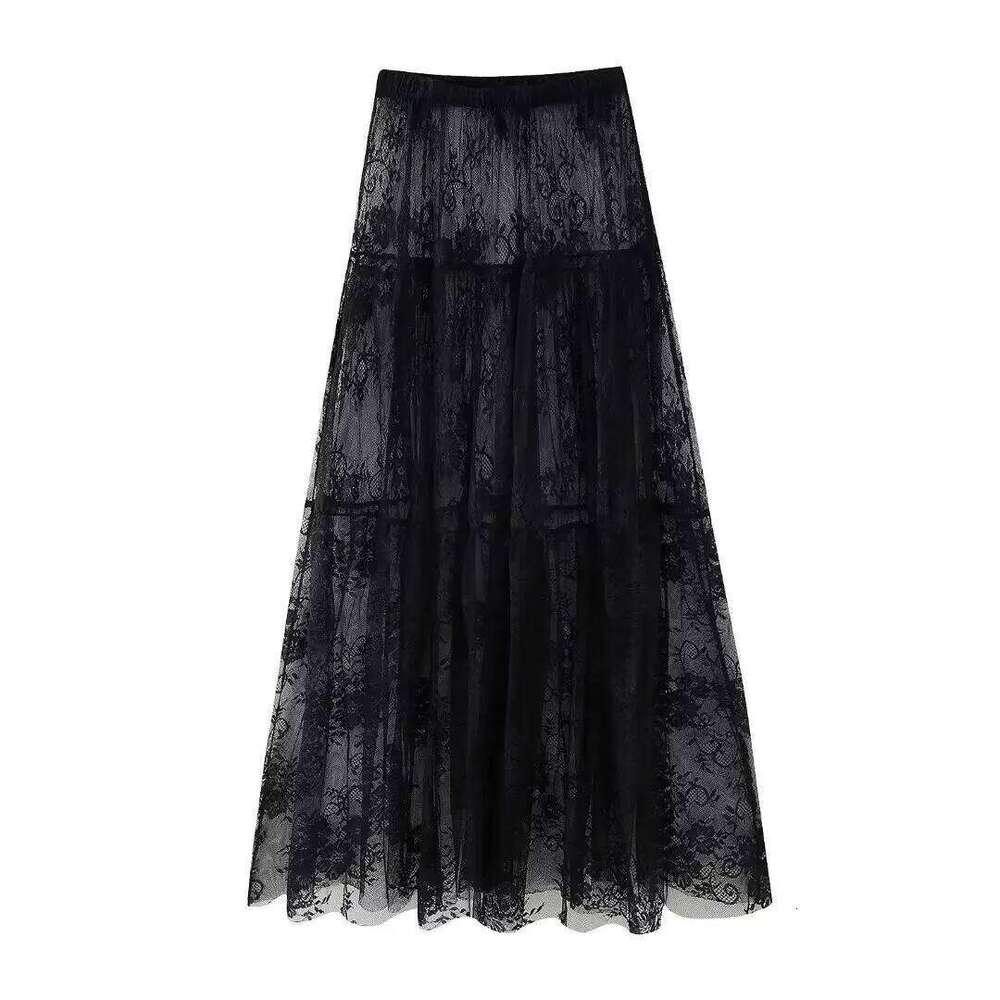 Black Lace Mesh High Waist Midi Tulle Long Translucent Party Women's Sexy Skirt 2024