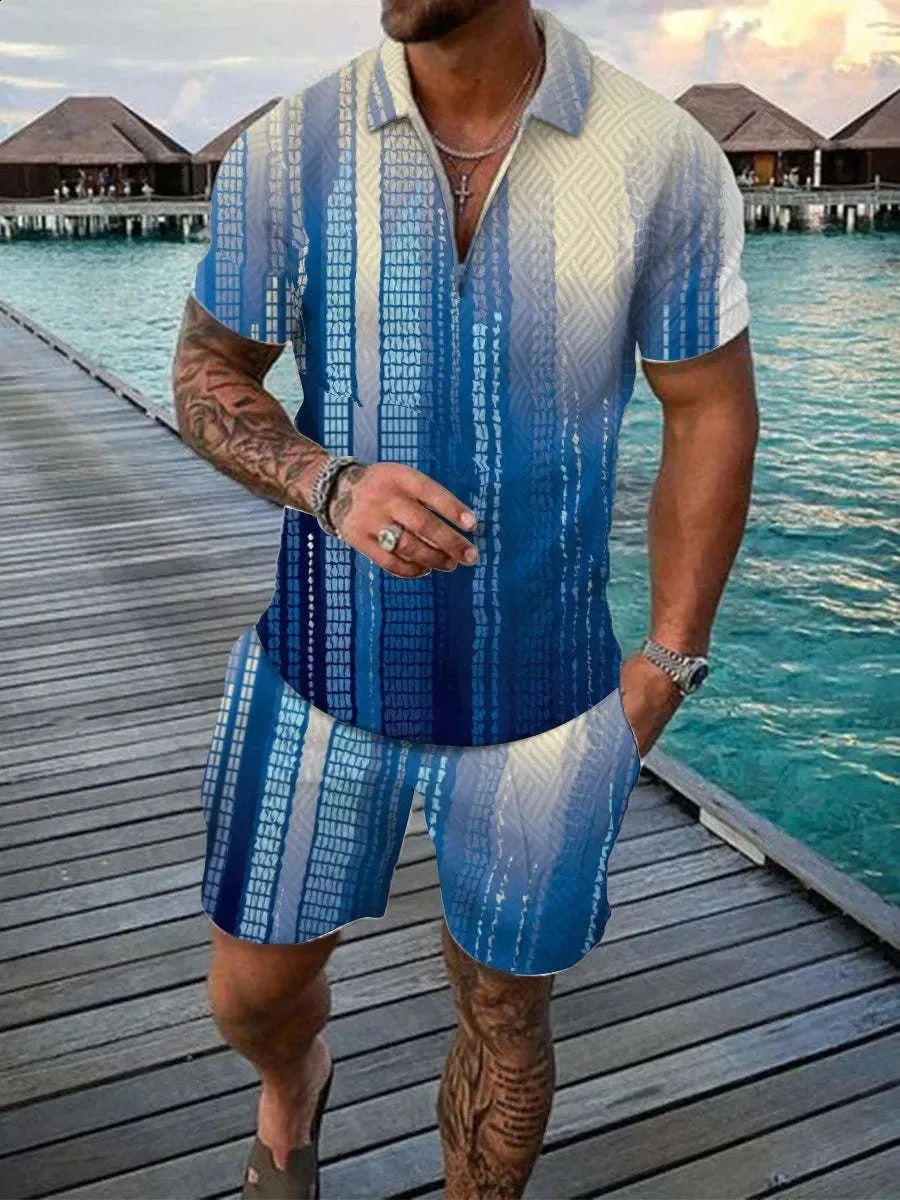 Abstract Pattern 3D Print Polo shirts 2pcs Set Zipper Lapel Sets CollarShorts Hawaii Holiday Style Man Clothes 250530