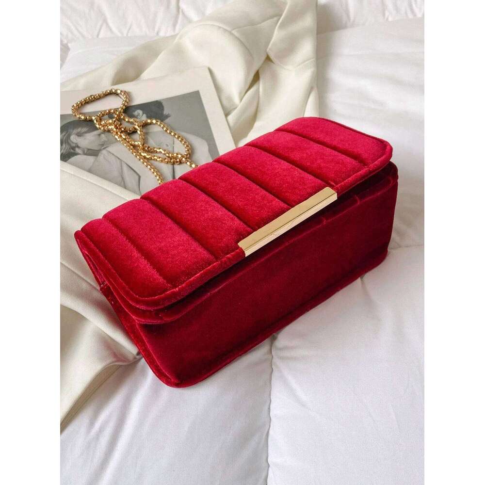 Neon Red Flap Square Velor Leather Fashionable Dating Gift Shoulder & Crossbody Bag With Chain Strap For Women