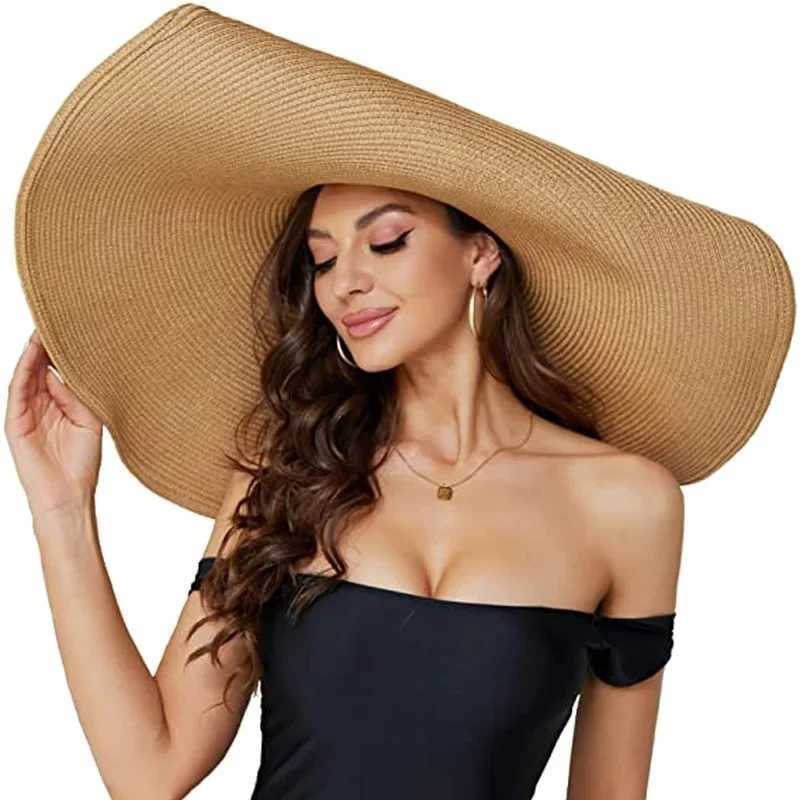 Oversized 70cm Beach Straw Hat for Women Fashion Large Wide Brim Visor Hats Handmade Roll Up Floppy Sun Hat for Summer Beach Cap W250602