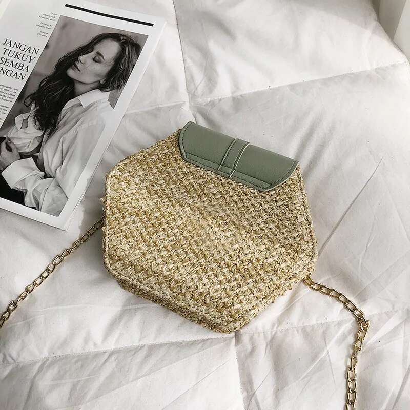Hexagon Mulit Style Straw+Leather Handbag Women Summer Rattan Handmade Woven Beach Circle Bohemia Shoulder Bag