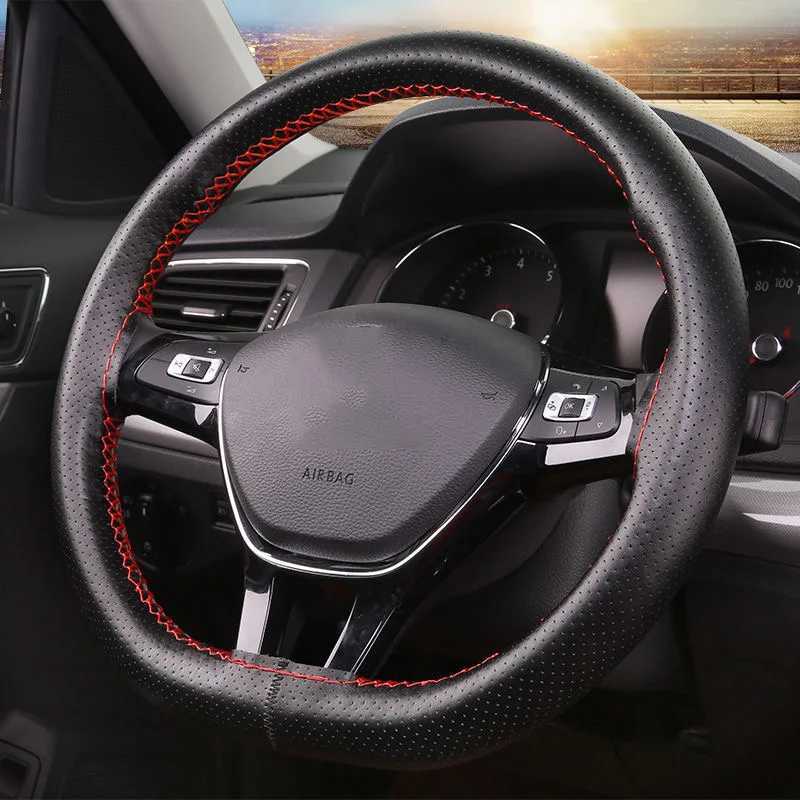 PU Leather Steering Wheel Cover Anti-Slip Braiding Cover For Steering Wheel Cowhide 37cm-38cm Steering Wheel Protector R250603