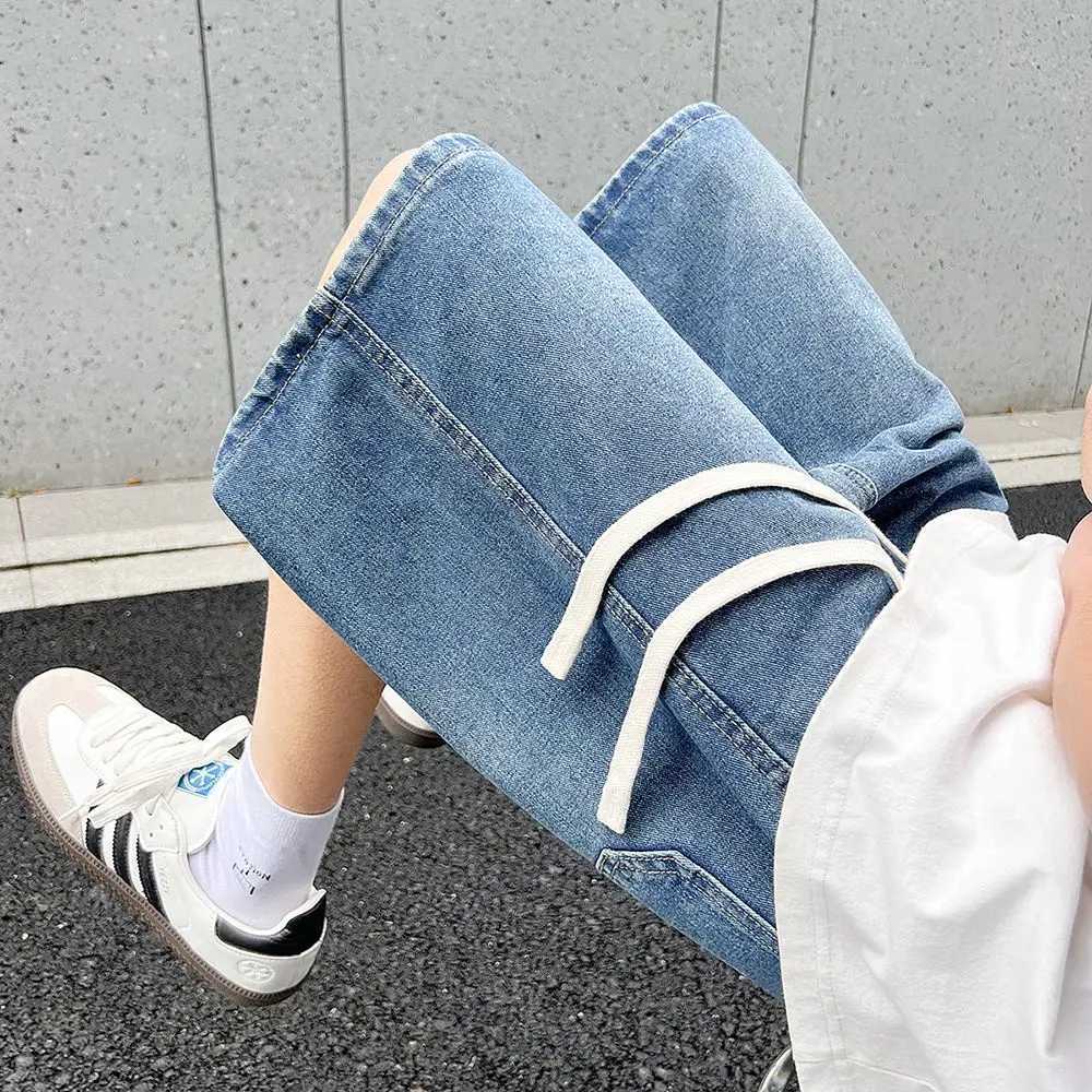 Loose Straight Mens Denim Shorts Summer Fashion Drawstring Design Short Jeans New Streetwear Jogging Solid Color Shorts Men T250603