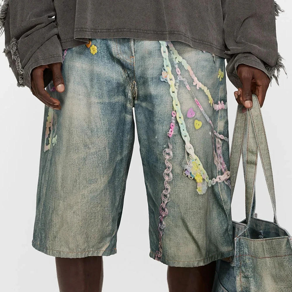 SS25 Candy Chain 3D Printed Vintage Aged Wide Leg Loose Fit Denim Shorts 250529