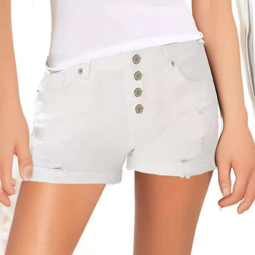 Fashion High-Waisted Stretch Slim Fit Straight Four-Button Denim Shorts B5
