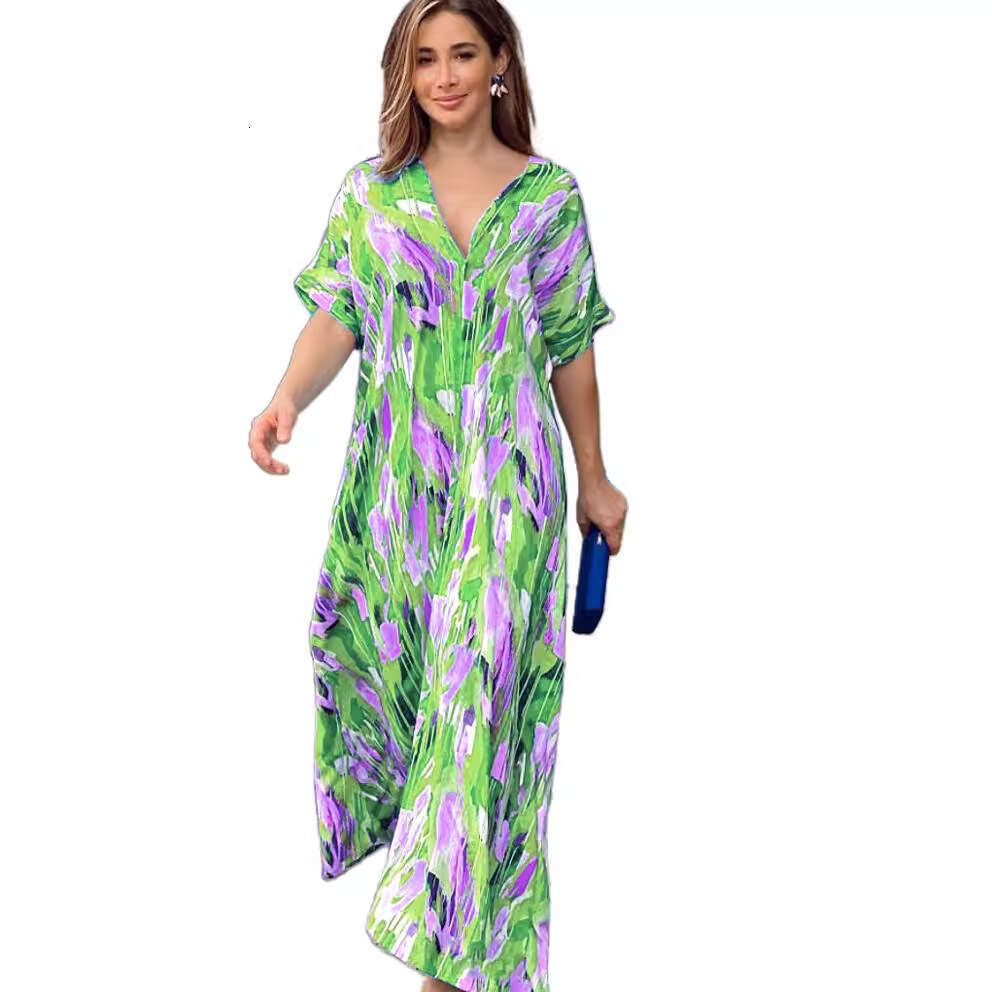 Summer New High-Waisted Fashion Printed Commuter Elegant Short-Sleeve Long Dress For Women B5