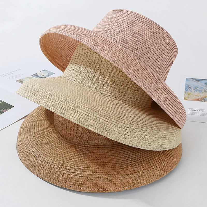 HT2303 2023 New Summer Sun Hats Ladies Solid Plain Elegant Wide Brim Hat Female Round Top Panama Floppy Straw Beach Hat Women W250602
