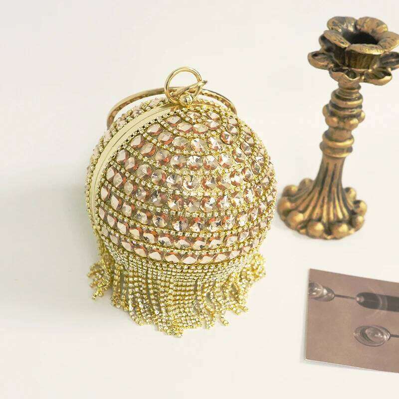 Crystal Tassels Circular Evening Bags Rhinestone Round Ball Handbags Elegant Clutch Purse Small Wedding Wallets