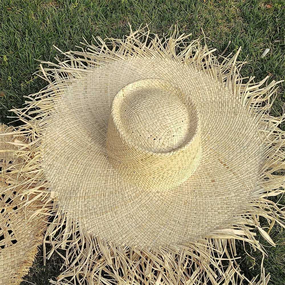 Large Brim Straw Hat Raffia Hand-woven Pattern Straw Hat Sun Protection Beach Sun Hat Womens British Retro Basin Hat W250602