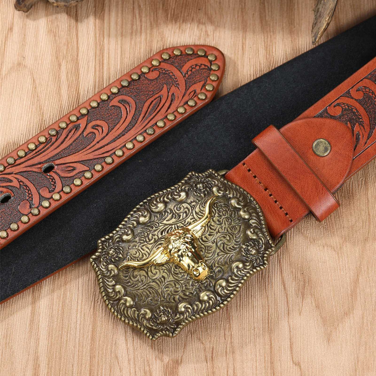 Western Cowboy Belt Cowhide Big Plate Buckle Trend Retro Belt Punk Style Pu Leather Belt XJ250602