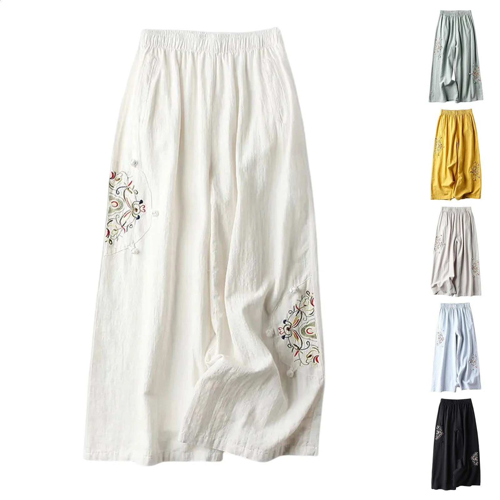 Womens Summer Linen Wide Leg Pants Loose Fit High Waist Straight Embroidered Casual Fashion Street Suit 250528