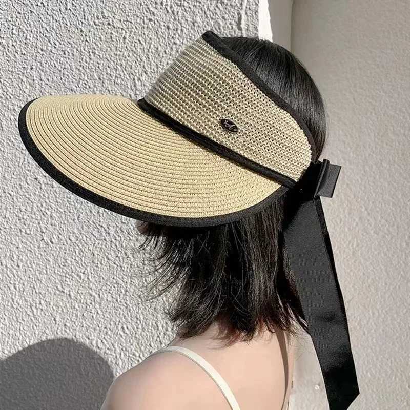 2025 New Summer Adjustable Ribbon Empty Top Straw Hats For Women Foldable Wide Large Brim Beach Hat Chapeau Femme UV Protection Cap W250602