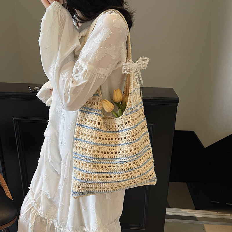 designer Casual Large Capacity Bucket Bag for Women 2025 Summer New Knitted Hollow Underarm Bag Striped Versatile Commuter Shoulder Bag