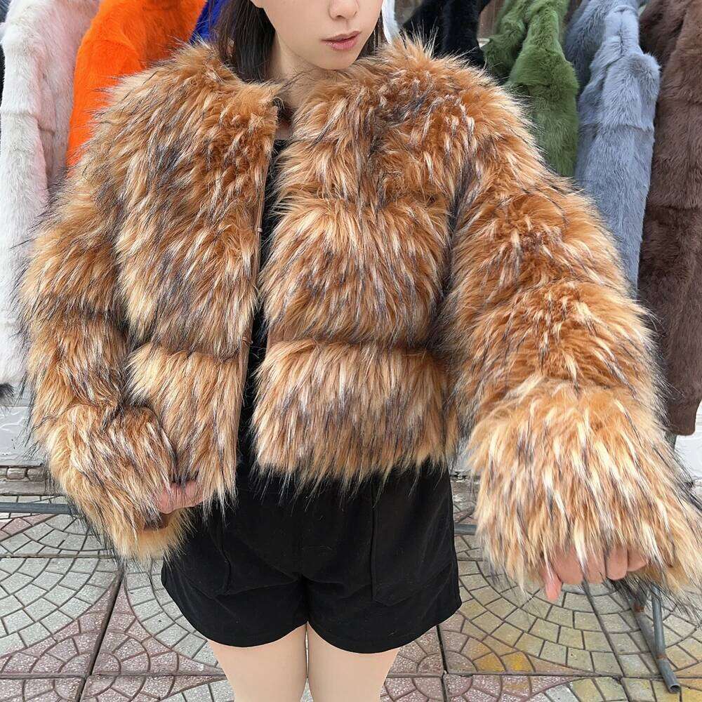 HOOOFUR Faux Women's Jacket Winter Fashion Warm Thick Fox Raccoon Leather Brown Plus Size Especially Fake Fur Cold