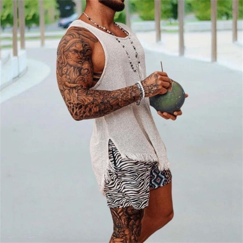 Men Tank Top Solid Color Sleeveless O Neck Knitted Summer Ripped Split T-shirt Men Vest Daily Clothes Mens Clothing 250519CJ