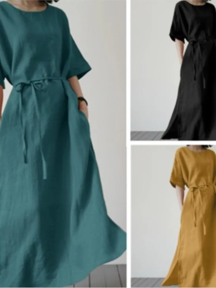 Spring Summer Womens Long Dresses Fashionable Split Hem Skirts Short Sleeves Casual Waistbands Cotton Linen Dresses For Women 250529
