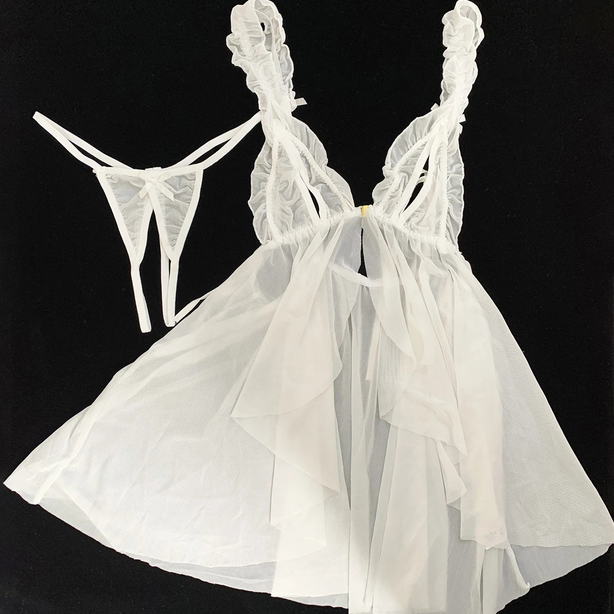 In Sexy Lingerie Women Set Sleepwear Sling Lace Mini Dress Open Bra Nightgown Transparent Pajama 2 Pcs Top And G-string 250603