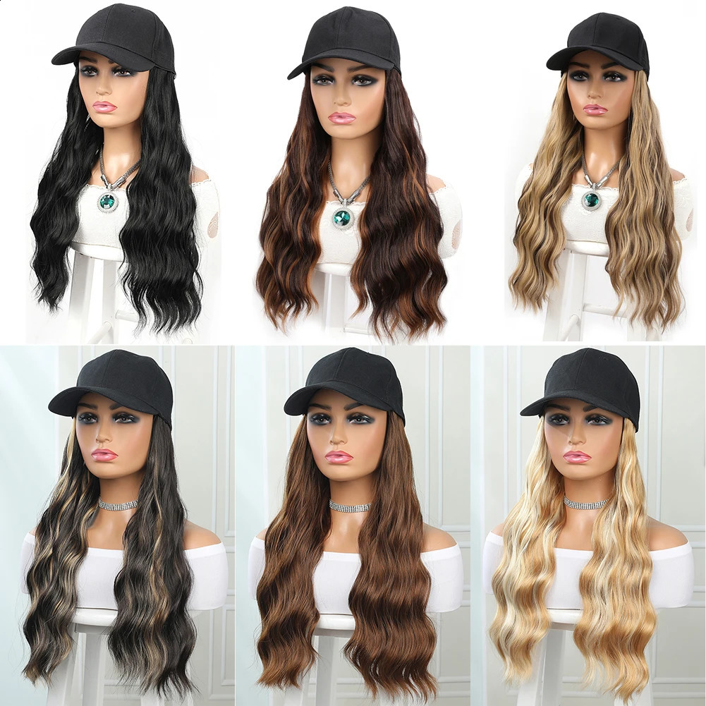 Baseball Cap Synthetic with Hair Extensions 24 inch Long Wavy Heat Resistant Fiber Hairpieces Adjustable Hat Wig for Women 250530