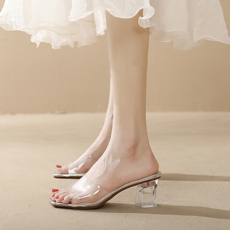 Outdoor Summer New Thick High Heels Crystal Open Toe Transparent Heel Women's Sandals One-Word Slippers Women ddmythur