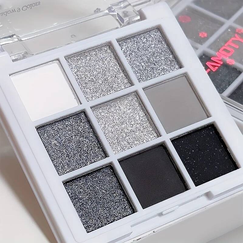 9 Colors Eyeshadow Palette, Dark Black Grey Siery Color Shimmer Matte Glitter Finish y Style