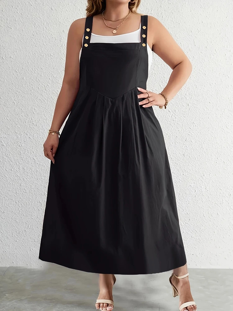 Plus Size Womens Button Shoulder Strap Dress for Casual Wear Solid Colour Summer Choice Polyester 250526
