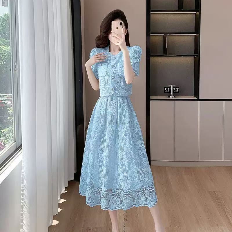 Two Piece Dress Summer Korean Small Fragrance Style Lace Set Two Piece Suit Lace Hook Flower Short Sleeve Shirt Tops Midi Skirt Women's Outfits