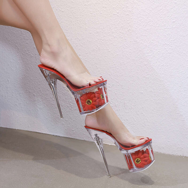 Super High Heels Plus Size Sexy Super High Heels Thick Sole Sunflower Waterproof Strip Stiletto Sandals Transparent Crystal Wedding Shoes Platform Hig