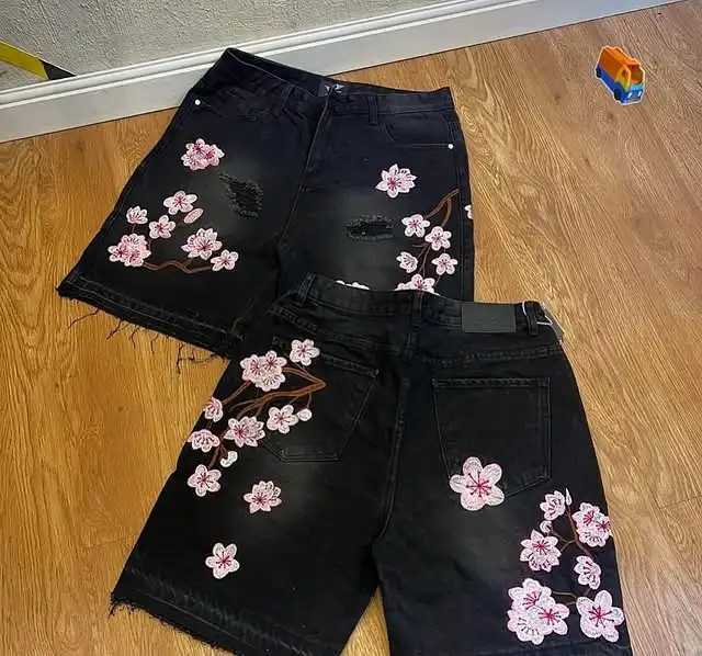 Gothic Mens Womens Cherry Blossom Embroidery Denim Shorts Y2K Jeans Harajuku Hip Hop Retro Baggy Shorts Fashion Casual Pants T250603