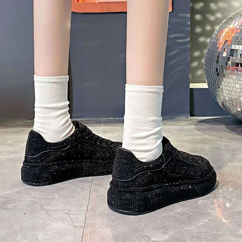 2025 New Women Platform Rhinestones Thick-Soled Black Designer Shoes Shining Crystal Trend Casual Sneakers