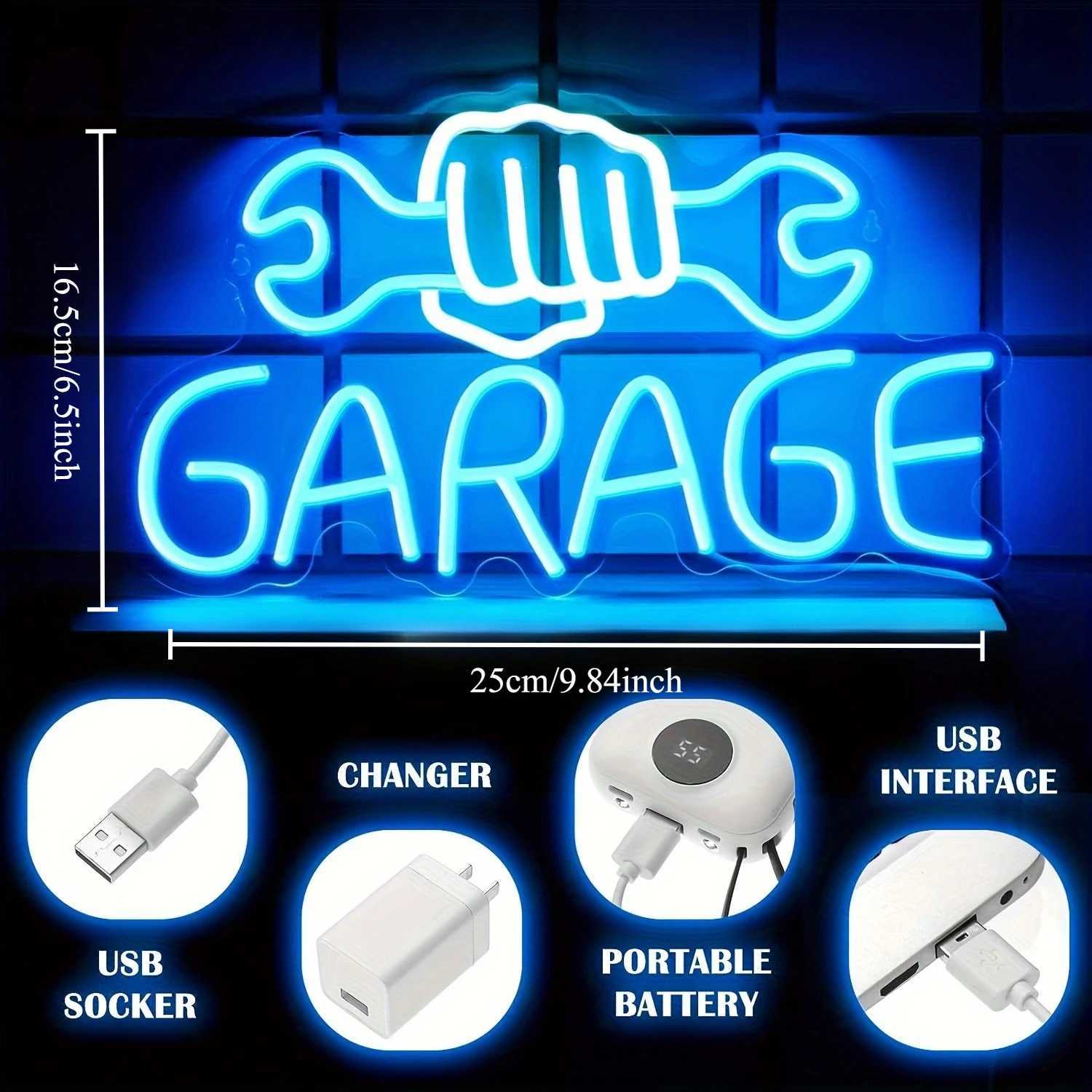Garage White and Blue Wrench Shaped LED Neon Sign Light USB-Powered Wall Decoration for Garage Door Auto Repair Shop Ideal DecorXJ250602