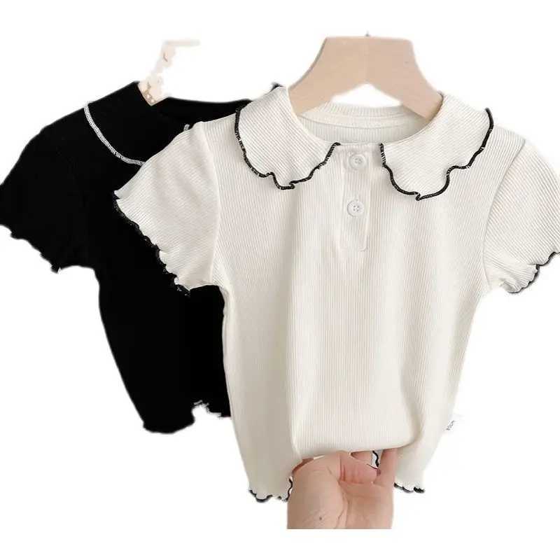Korean Style Girls T-shirts Turn-down Collar Short Sleeve Kids Tee TopsT250603