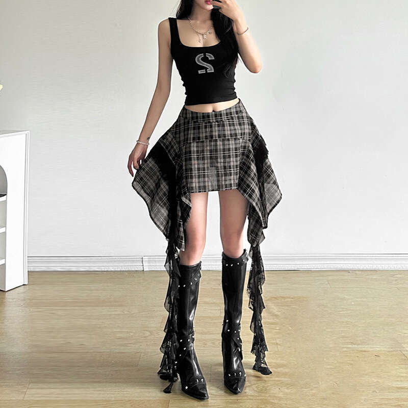 Summer New Women's Plaid Patchwork Irregular Design Slim Fit Midi Skirt B5
