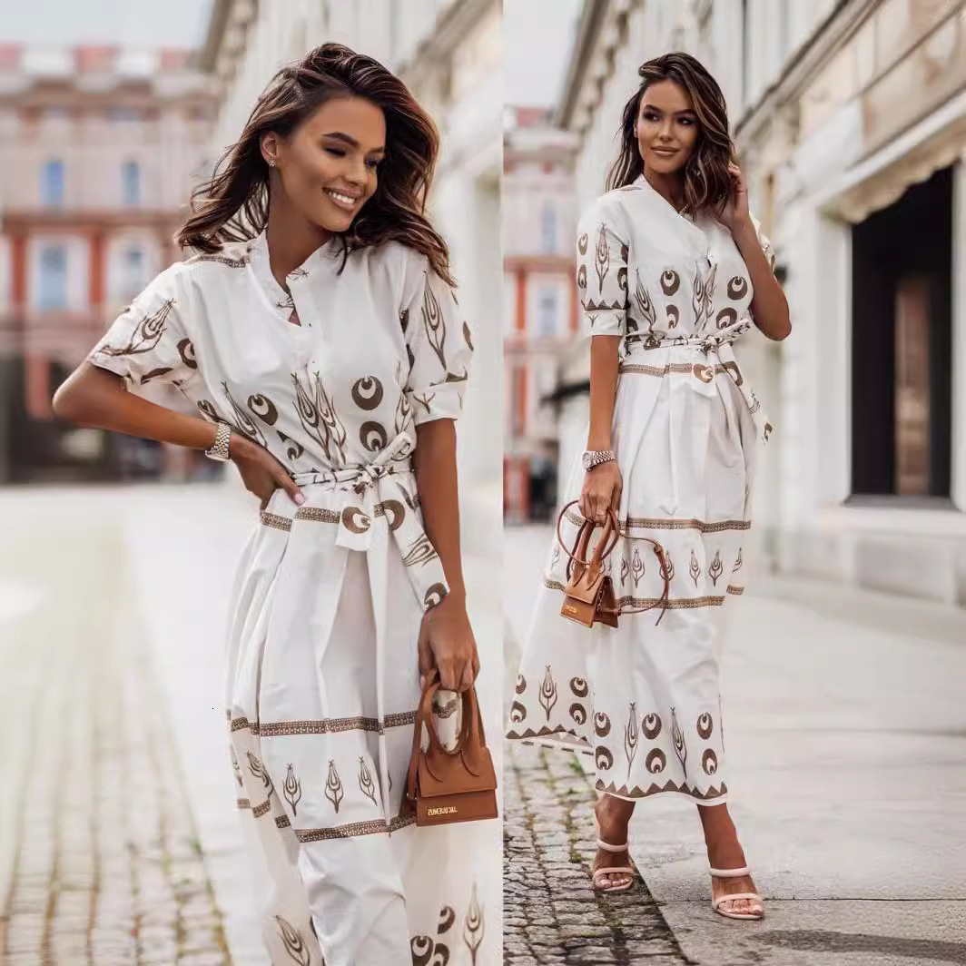 women's wear New Spring Autumn 2023 Women's Printed Tie Waist Dress