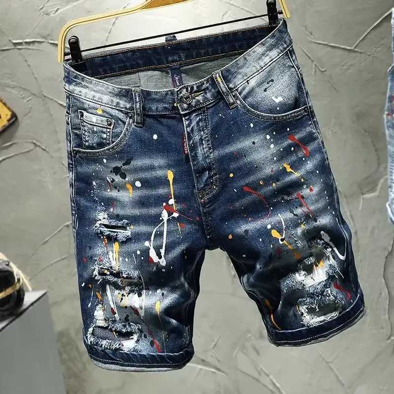Fashion Luxury Brand Korean Streetwear Ink Dot Hand-decorated Mens Jeans Y2K Vintage Slim Ripped Jorts Distressed Denim Shorts T250603