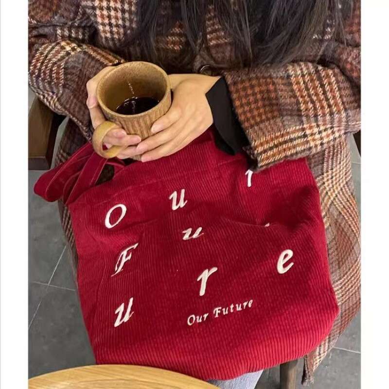 Bie Lai Wu Qiao New Red Corduroy Shoulder Versatile Large Capacity Embroidered Simple Tote Bag for Women