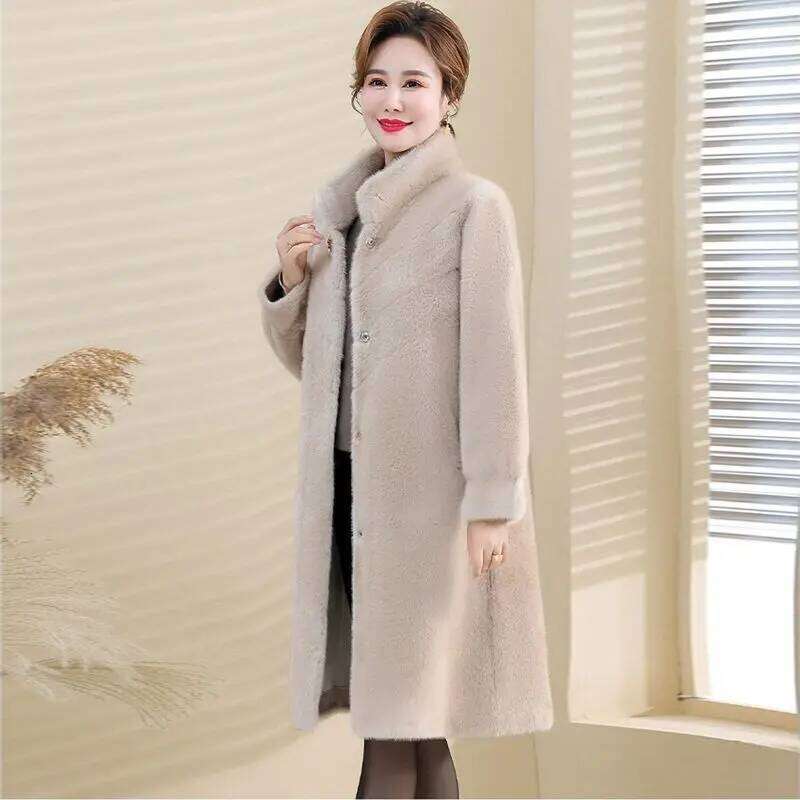 2025 new winter mink coat women Fashion Elegant middle-aged mom Stand collar long Warm fur jacket Female loose overcoat T825