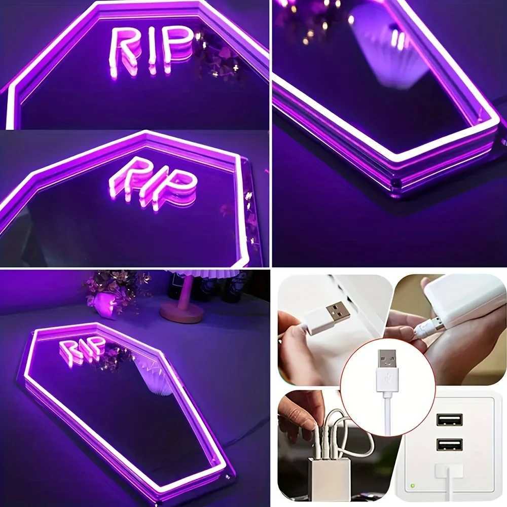 RIP Coffin Shaped Neon Sign Mirror - Gothic Home Decor USB Powered Wall Hanging with Switch Control Plastic Material Multipurpose XJ250602