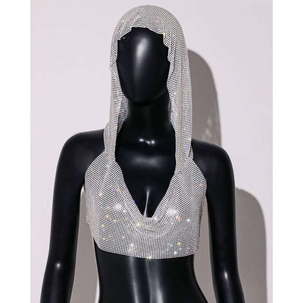 Women Sexy Mesh See Through T Shirt Shiny Rhinestone Fishnet Hollow Out Crop Top Sleeveless Beach Cover Up Party Club Tank Tops