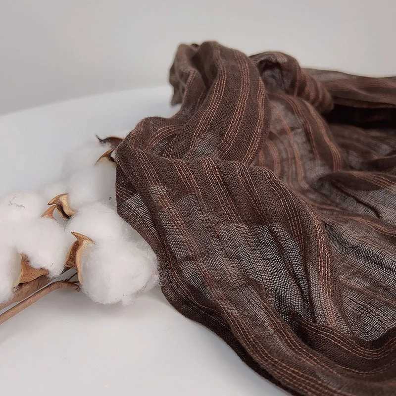 Men/Women Spring/Summer Cotton Linen Brown Versatile Striped Scarf W250602