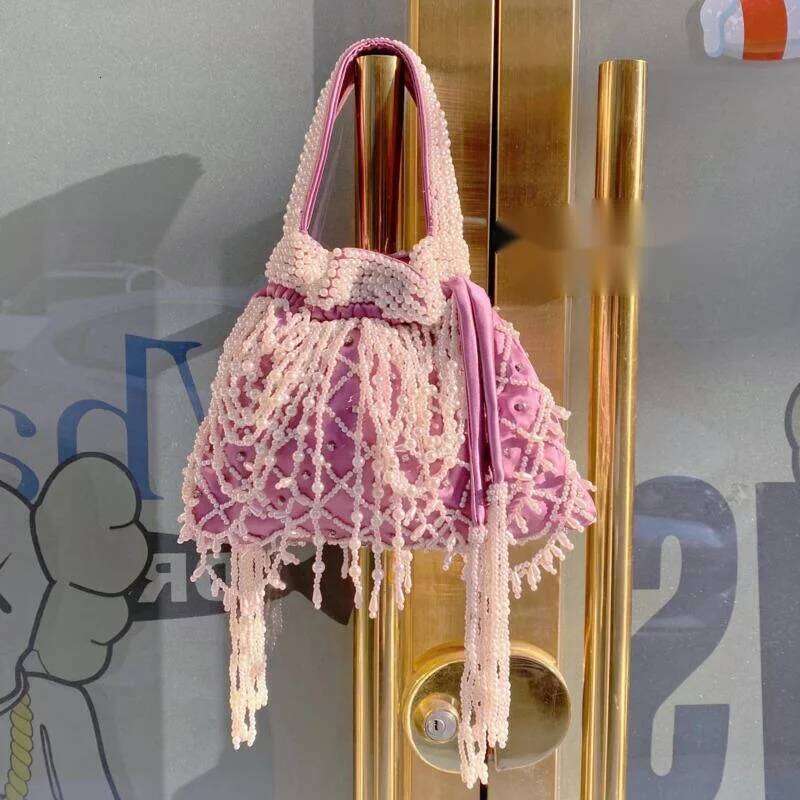 Elegant Women's High Quality Silk Pearl Sweet Bucket Handbag Dumpling Bag Banquet Evening Bags For Ladies