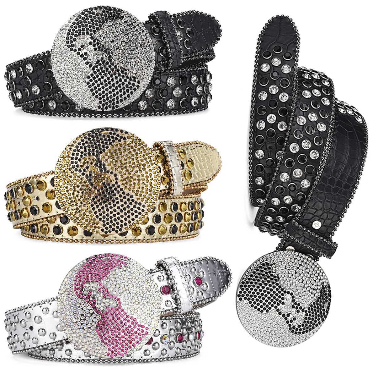 Western Leather Belt BlingBling Diamond Round Buckle Water Crystal Diamond Belt Punk Style Unisex PU Synthetic Belt XJ250602