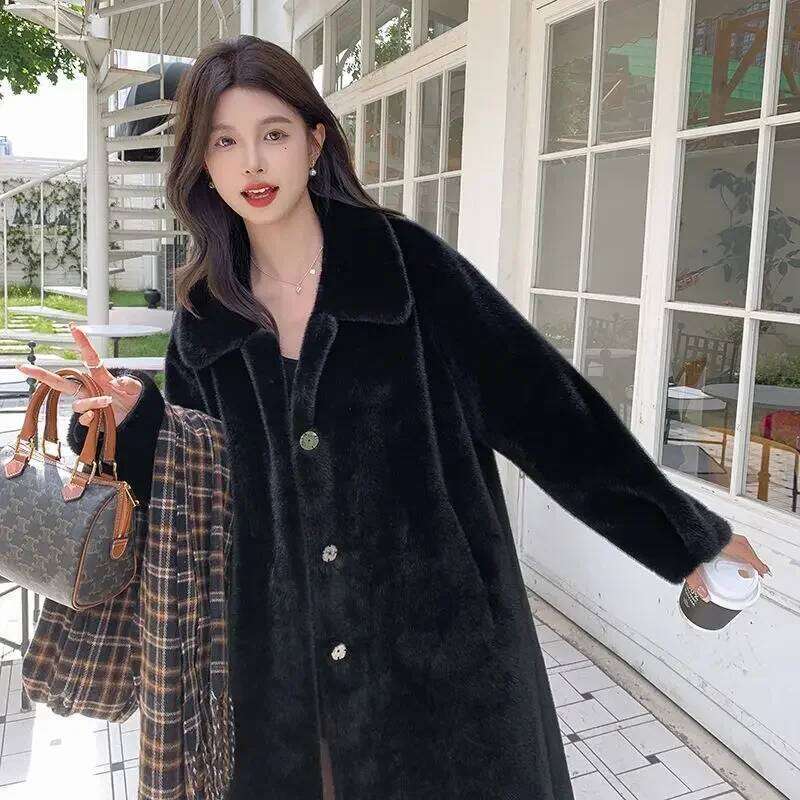 2024 Winter New Coat Thickened Lapel Medium Long One Fur Like Mink Loose and Lazy Women's Clothing Original Design