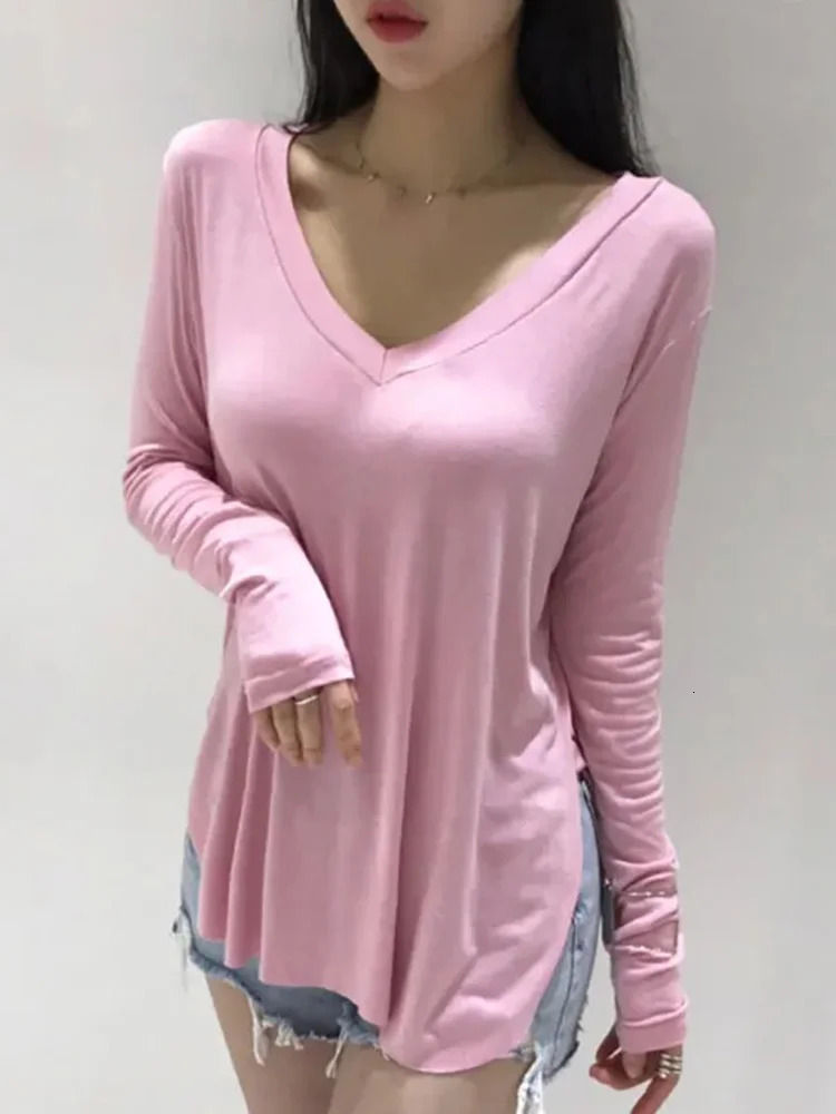 Casual V Neck T Shirt For Women Spring Korean Style Woman Clothes Basic T Shirts Long Sleeve Tops Loose Tee Shirt Camisetas 250603