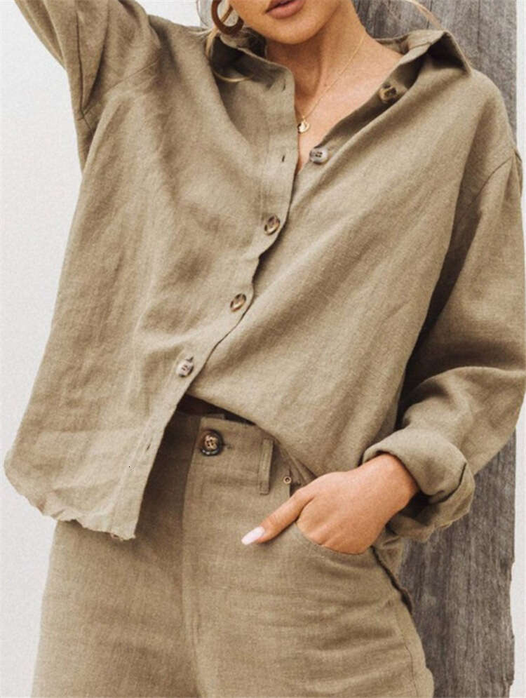 Autumn Winter Fashion Turn-Down Collar Long Sleeve Cotton Linen Loose Women's Shirt B5