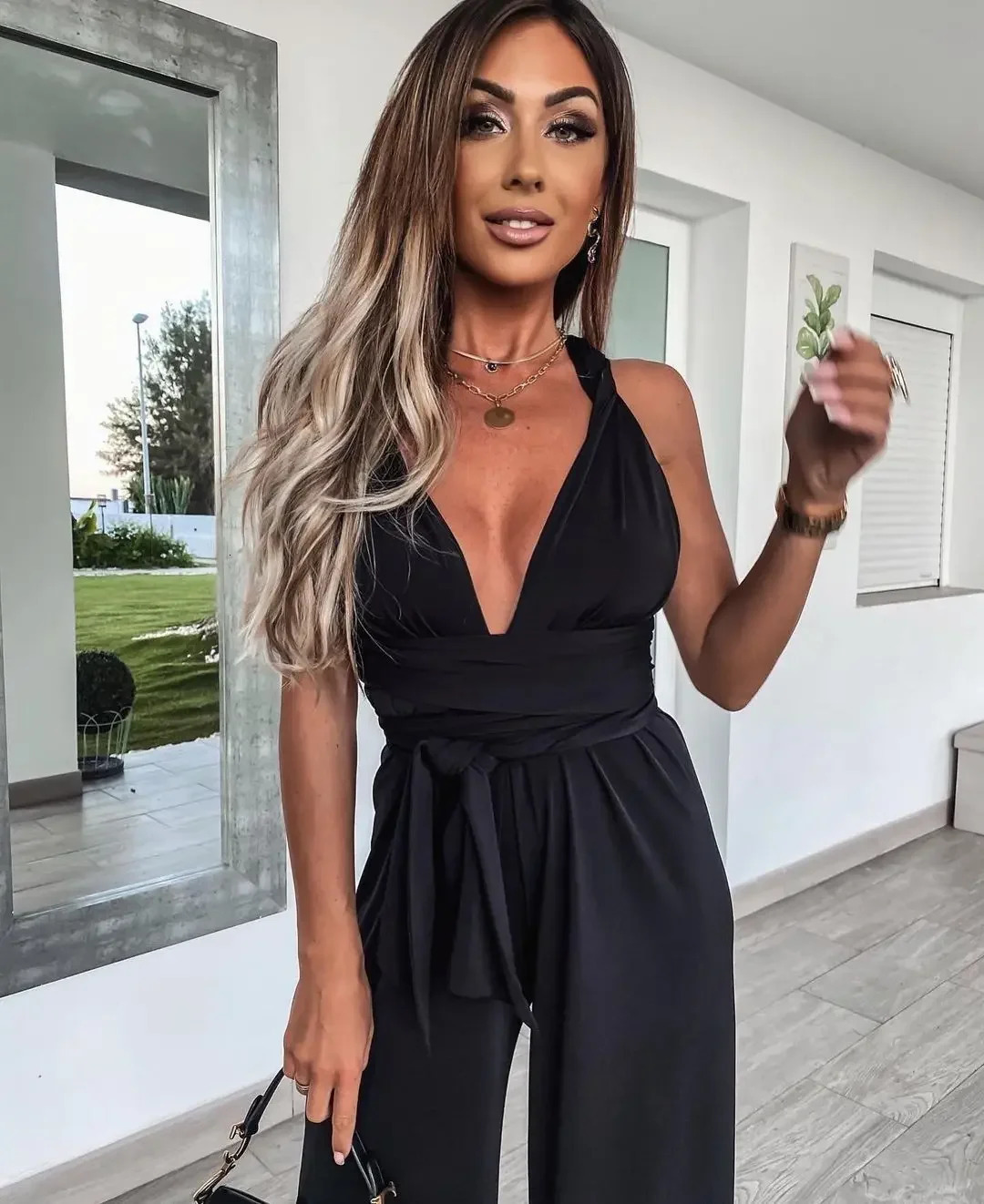 Backless Fashion Casual Streetwear Wide Leg Overall Hollow Out Sleeveless Solid Bandage Rompers Sexy Jumpsuits Women Summer 250603