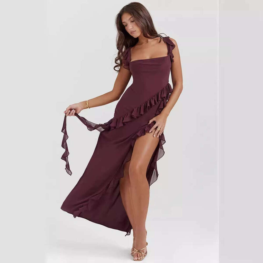 Summer New French Style Spaghetti Strap Ruffle Design Sexy Split Long Dress For Women B5
