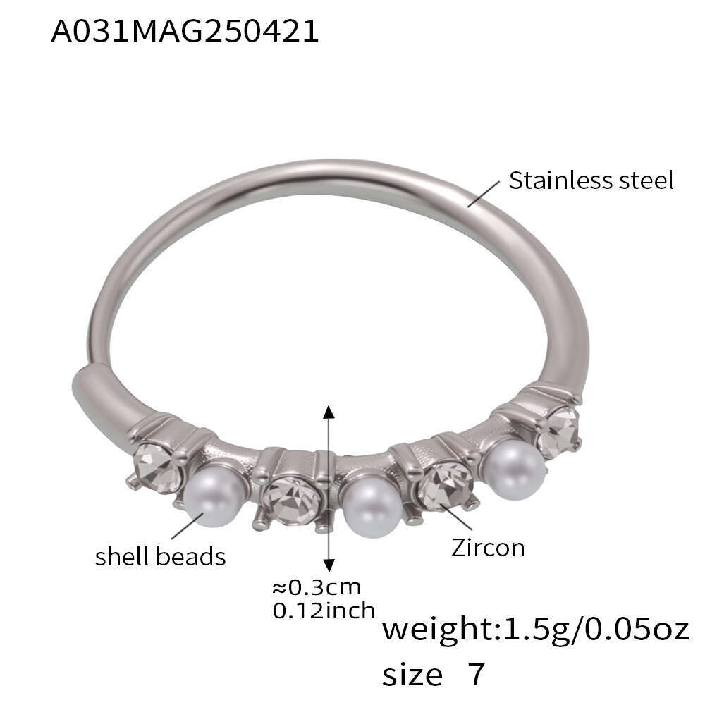 oumika stainless zircon niche shell pearl trendy titanium steel nonfading stackable index finger ring